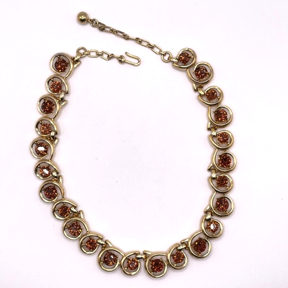 Trifari Signed Vintage Gold Tone and Dark Topaz Crystal Choker Necklace